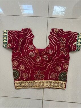 Women's Red Embellished Festive Blouse with Gold Trim